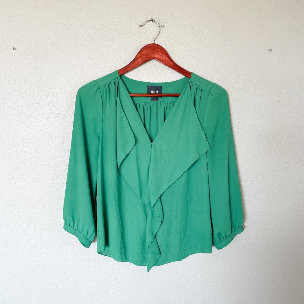 Anthropologie Maeve Green V Neck Ruffle Blouse